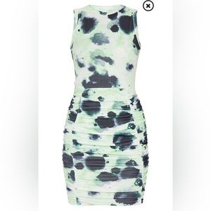 Lime Ribbed Tie Dye Sleeveless Ruched Bodycon Dress